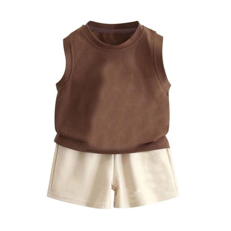 Efsteb Kids Boys 2 Piece Summer Outfits Solid Casual Sleevelss Tank Tops Shorts Fashion Cute Clothes Set (Coffee 11 Years)