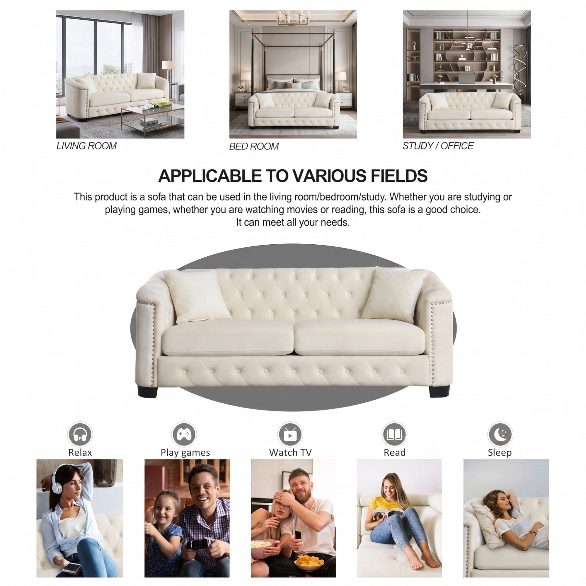 Sailvan 77" Modern Chesterfield Velvet Sofa, 3-Seater Tufted Upholstered Couch with Nailhead Trim & 2 Pillows for Living Room, Office Beige