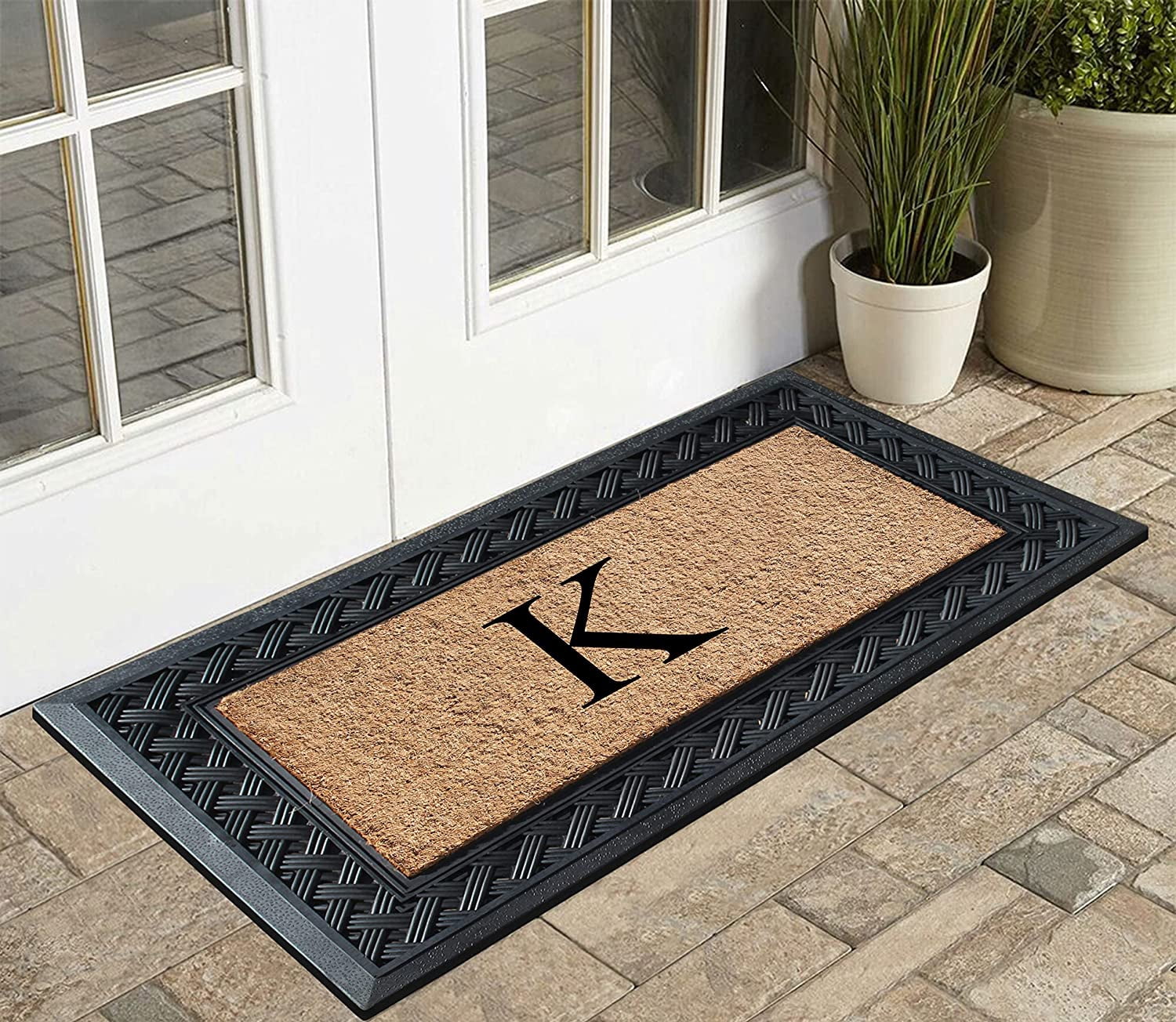 A1 Home Collections Paisley Rubber and Coir Outdoor Doormat, Non-Slip Backing, Black/Beige 23 x 38