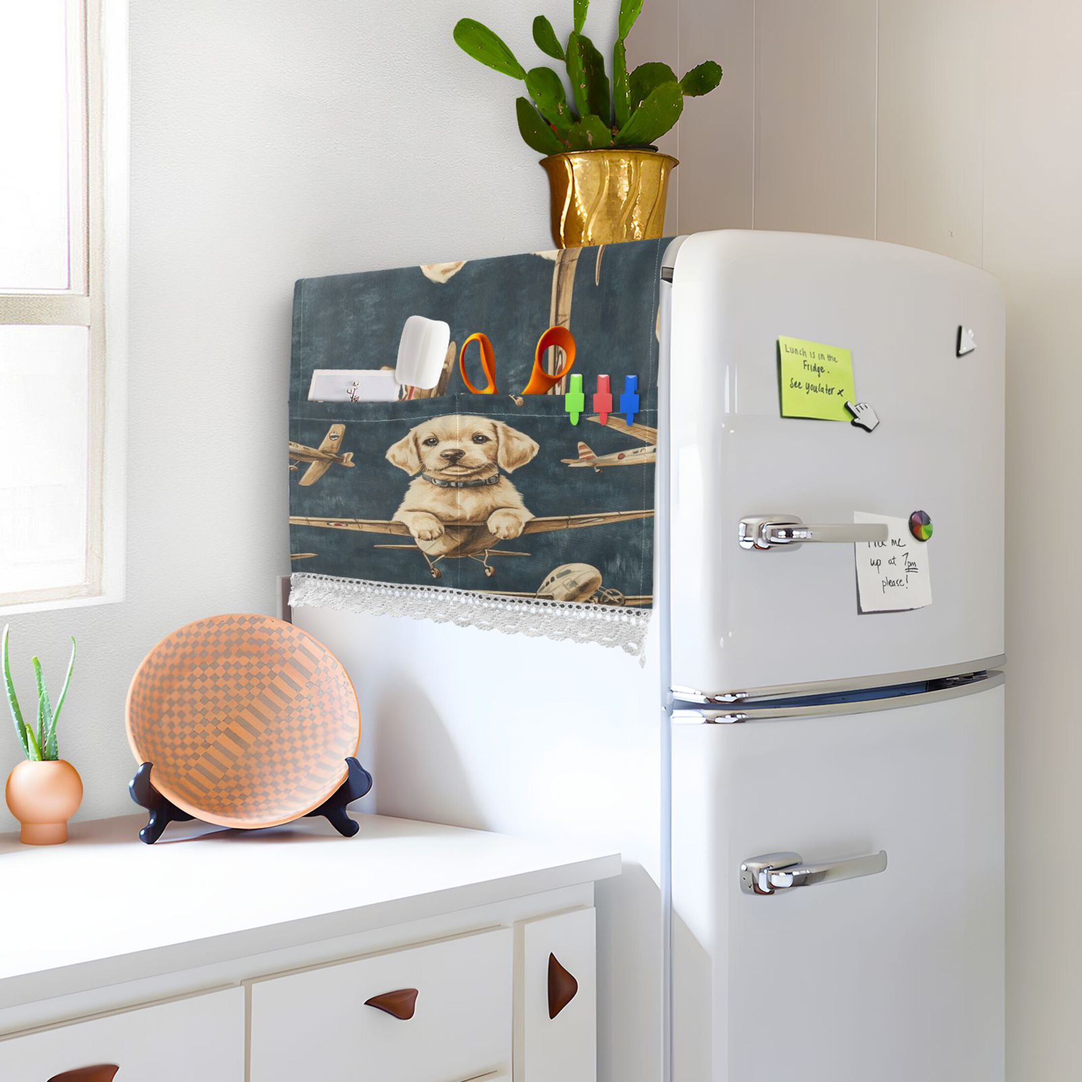 Aviation PuppyWasher and Dryer Covers Dust-Proof and Oil Resistant Fridge Cover with 4 Storage Pockets Washing Machine Top Cover for Laundry Kitchen Home 51.2 x 22 In