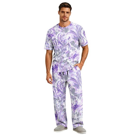 CCRFTGI Mens Pajamas Gradient Short Sleeve Sleepwear Set Elastic Drawstring Waist Pants with Deep Pockets Soft Casual Pjs Purple M