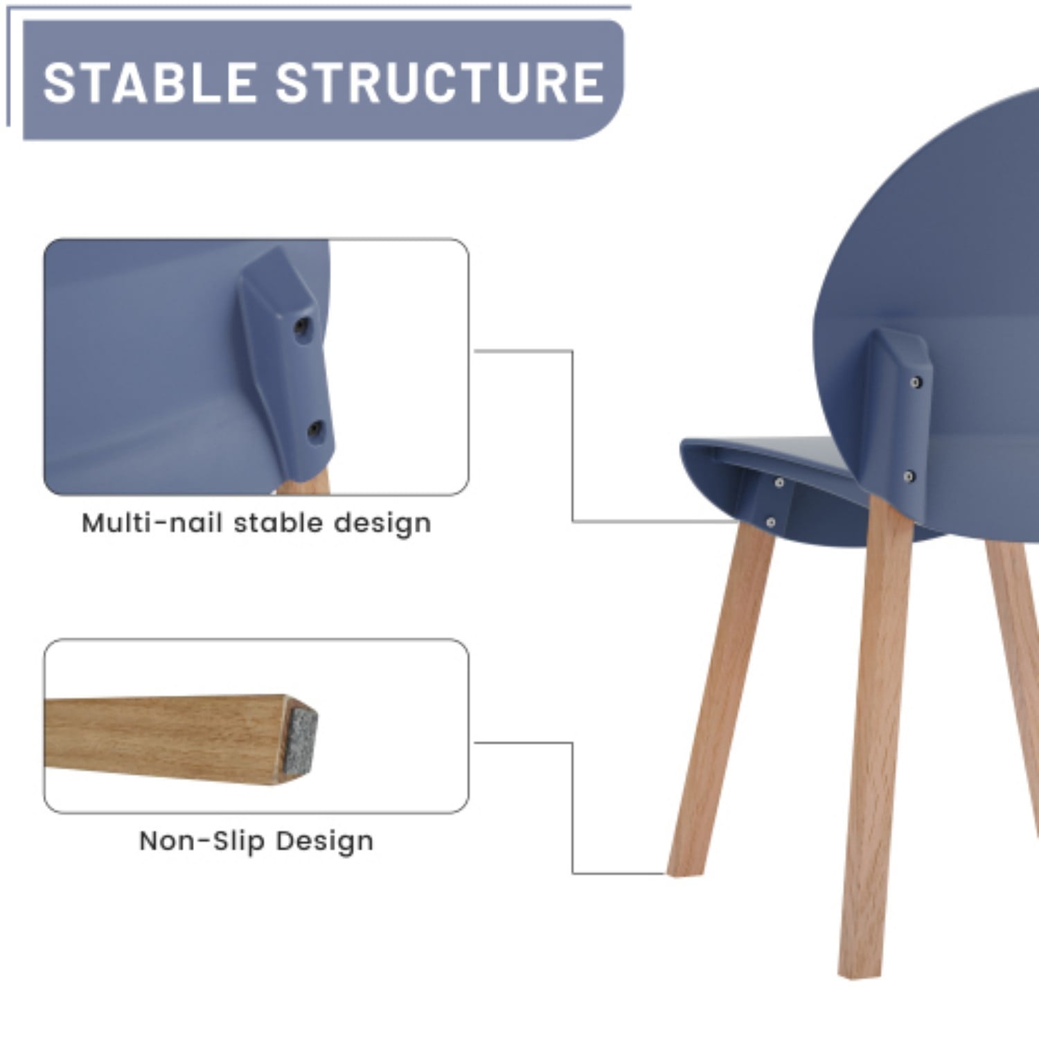 Dining Chairs Set of 4, Modern Kitchen Chairs with PP Seats & Solid Red Oak Wood Legs, 330 lb Capacity, Indoor Dining Room Living Room Chairs, Gray Blue