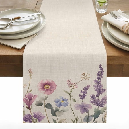 Pink Purple Flower Cotton Linen Table Runner Spring Purple Lavender Floral Watercolor Linen Texture Dining Table Runners for Home Decor Party Dining Room Restaurant Kitchen 13 x 60