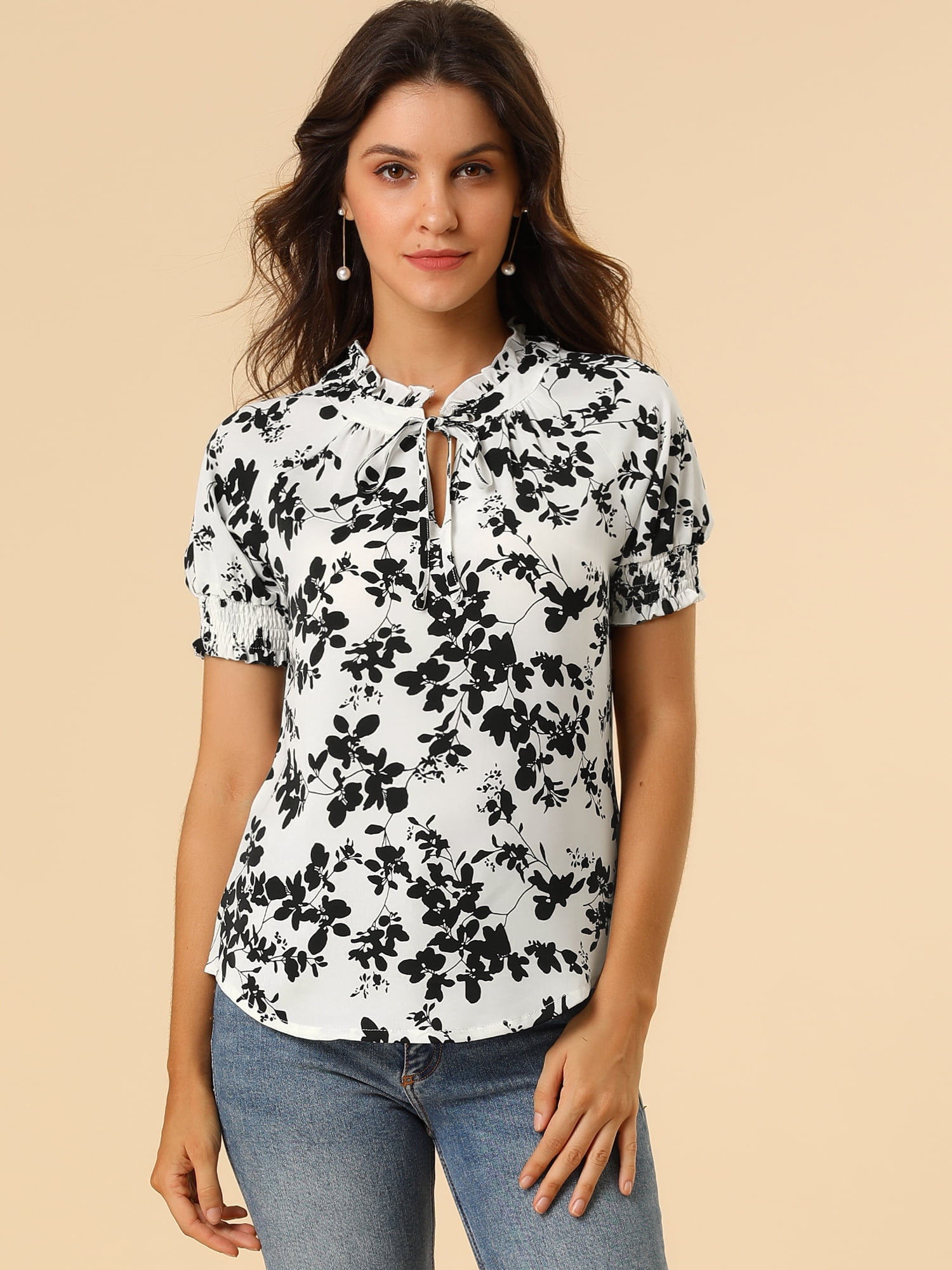 DARING DIVA Ruffle Tie Neck Casual Short Sleeve Blouse XL White