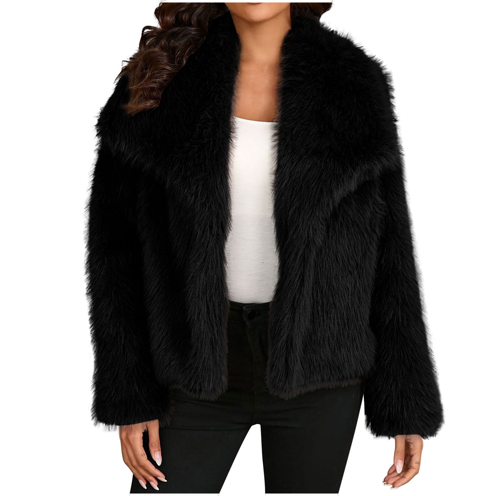 Meichang Womens Cropped Faux Fur Coat Open Front Long Sleeve