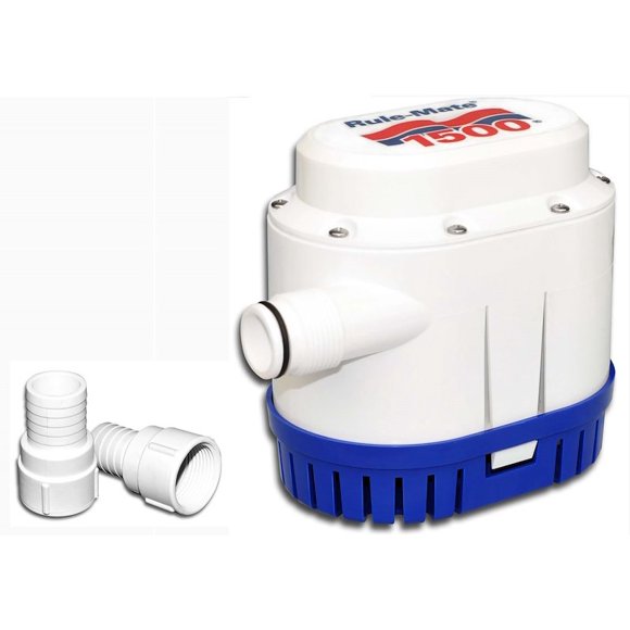 Rule Bilge Pump RM1500A Automatic Submersible; 1500 Gallon Per Hour Flow Rate; 1-1/8 Inch Hose; 12 Volt DC; Built-In Thermal Cut-Off; Back Flow Prevention