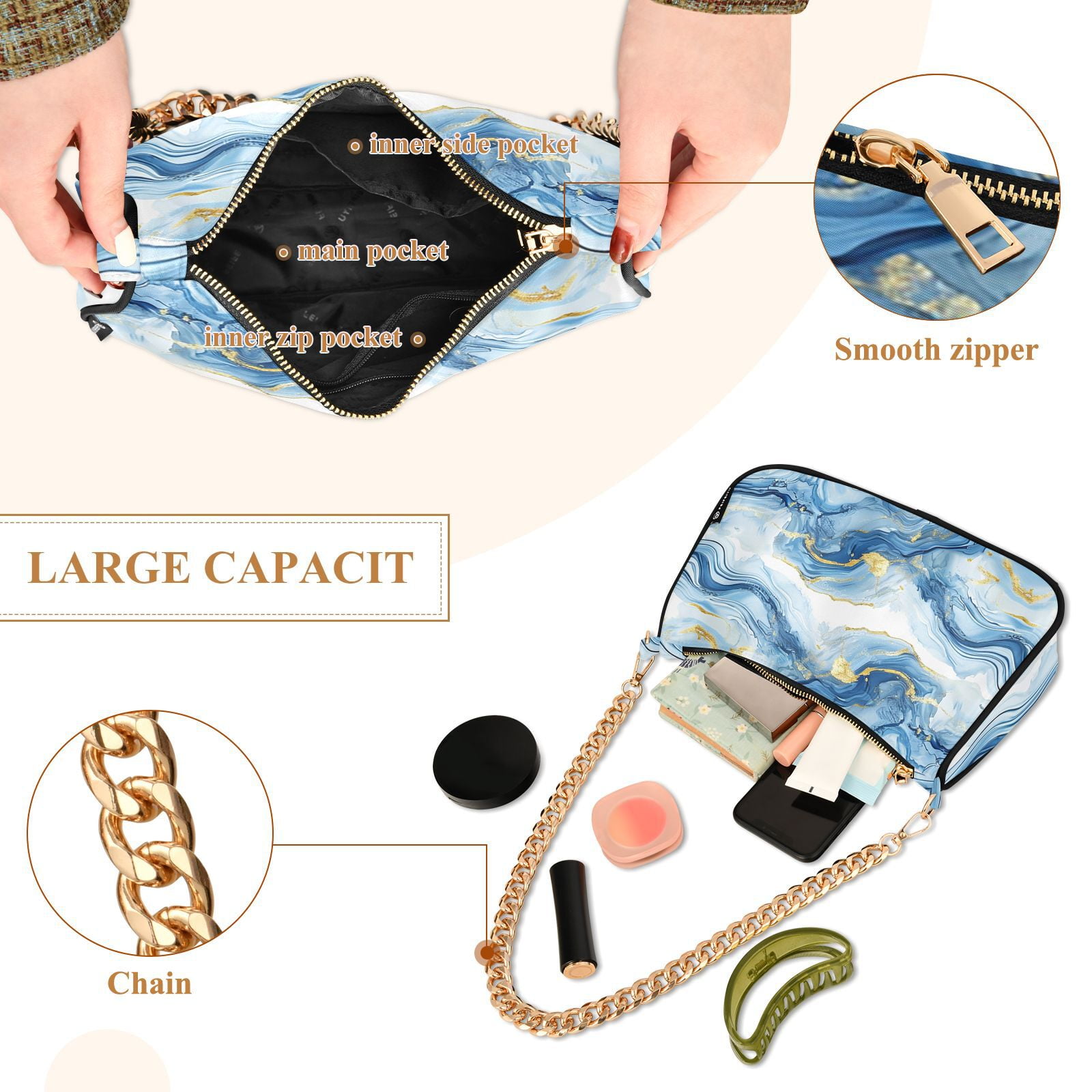 Blue Gold AgateWomen Small Shoulder Bag Crossbody Tote Hobo Bags Purse Clutch Handbags with Chain Strap for Women