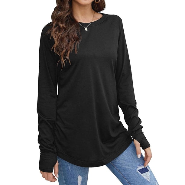 Blusas de Otoño de Moda para Mujer, Camisas de Larga Extragrandes con Agujeros para los Pulgares, Ropa Informal de Cuello Redondo, Corte Holgado, Ropa de Moda. Negro M