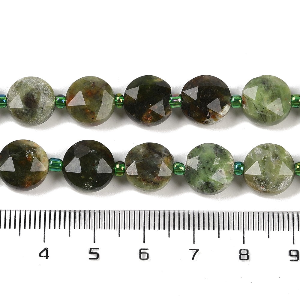 Natural Green Opal Beads Strands Faceted Pentagonal Cut Flat Round with Seed Beads 10~10.5x5~6mm Hole: 1mm about 32~33pcs/strand 15.75''(40cm)