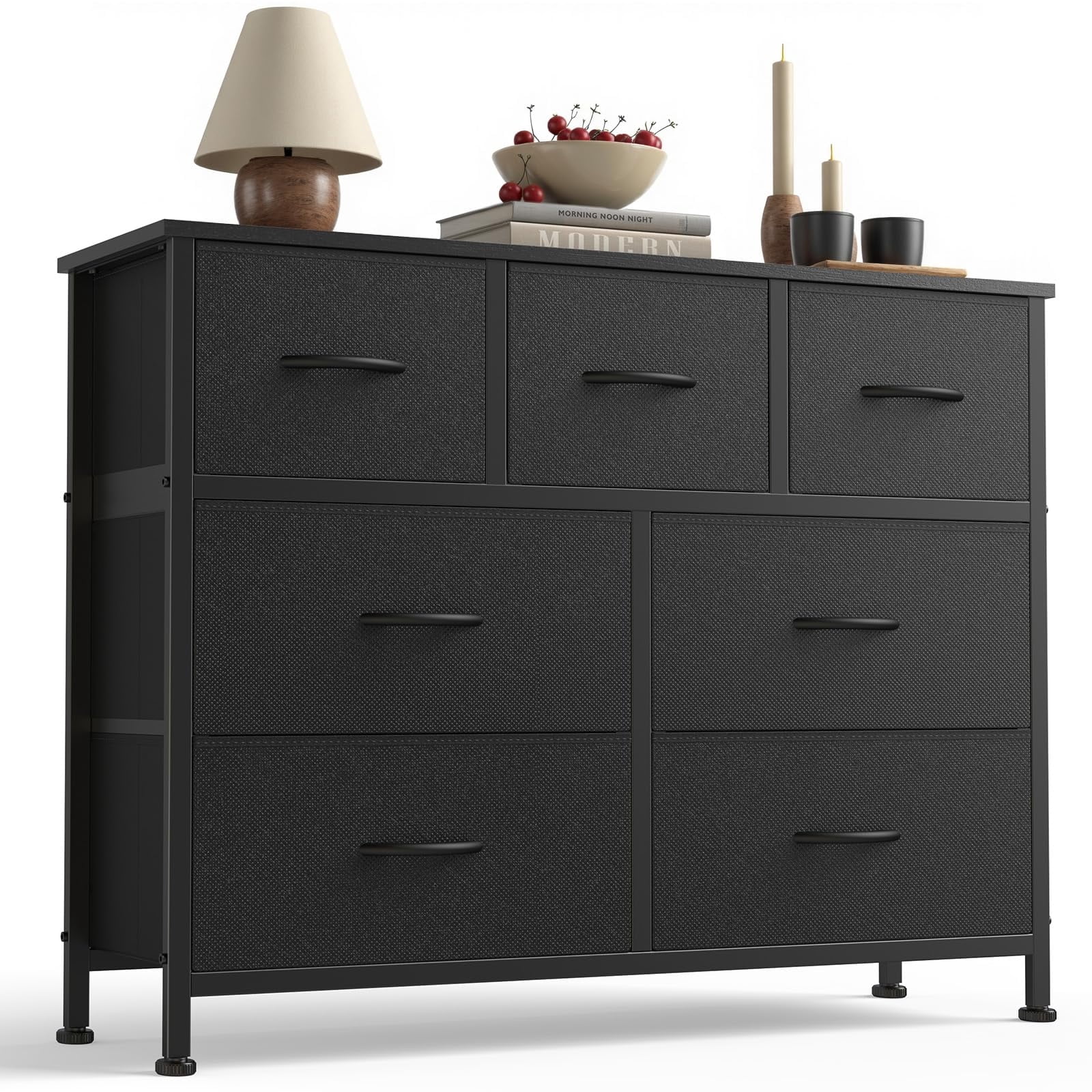 Telyra 7-Drawer Fabric Dresser TV Stand Organizer with Wood Top and Metal Frame Wide Storage Chest, Ink Black
