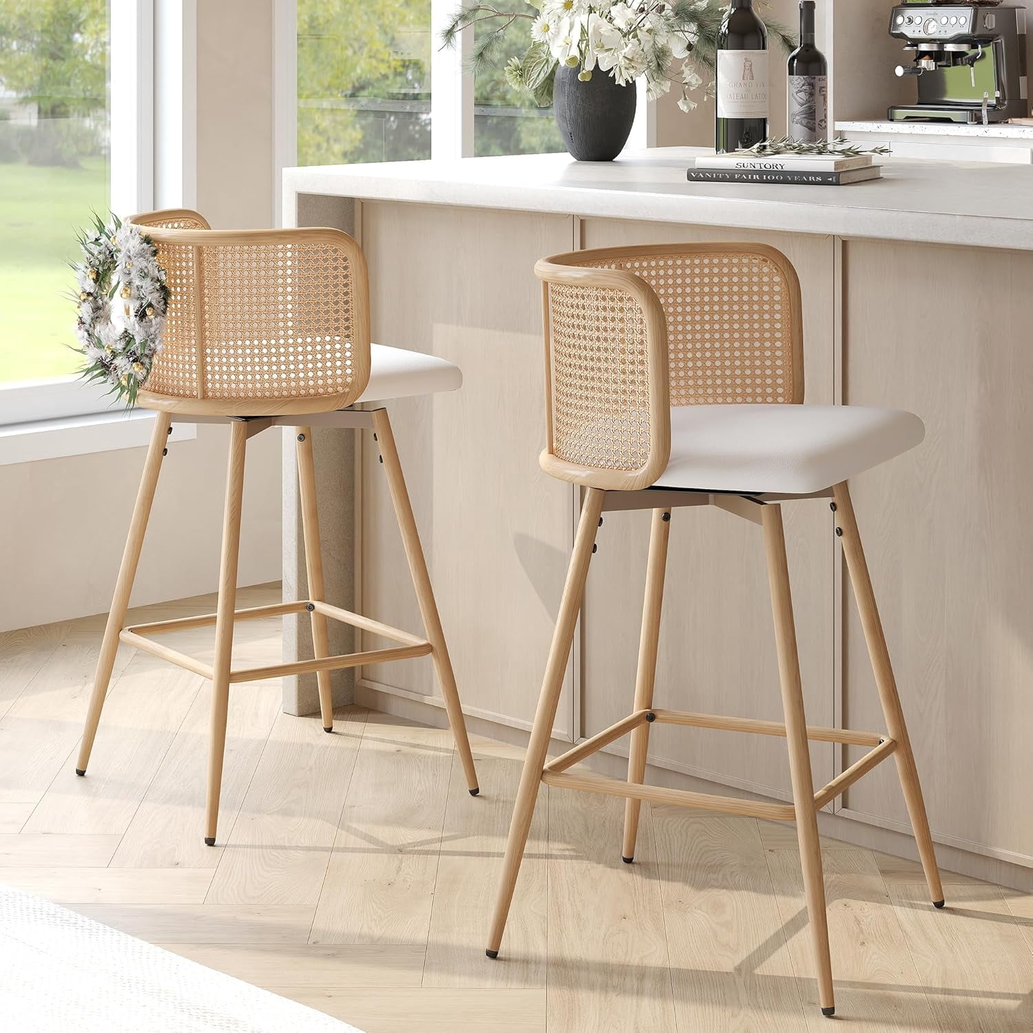 LAZZO Swivel Bar Stools Set of 2, 26” Counter Height Mid-Century Modern Stools with Natural Rattan Woven Back & Faux Leather Seat, White
