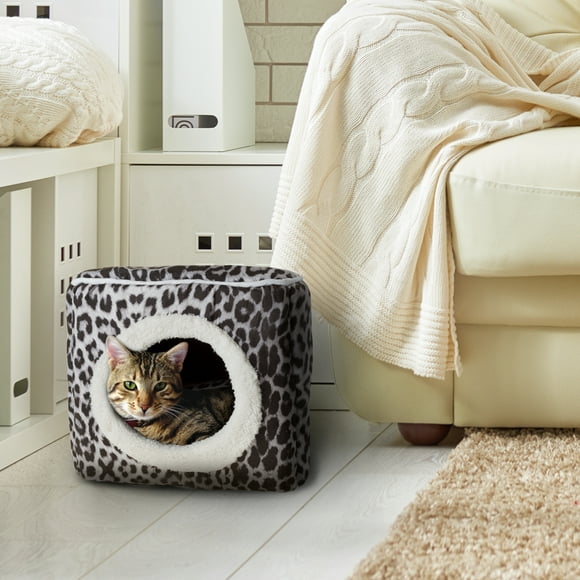 Cat Pet Bed Cave- Indoor Enclosed Covered Cavern/House for Cats Kittens and Small Pets with Removable Cushion Pad by PETMAKER, Gray/Black Animal Print
