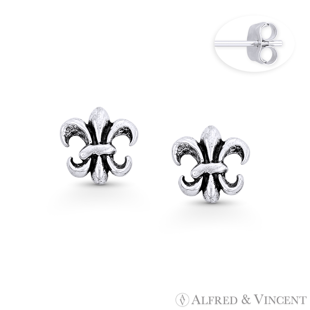 Fleur-De-Lis Flower French Monarchy Charm Stud Earrings in Oxidized ...