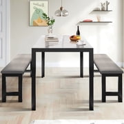 UHOMEPRO Dining Room Table Set, 3-Piece Marble Top Breakfast Nook Dining Table Set with 2 Upholstered Benches, Kitchen Table Set with Metal Frame, Modern Furniture for Home Cafeteria, White