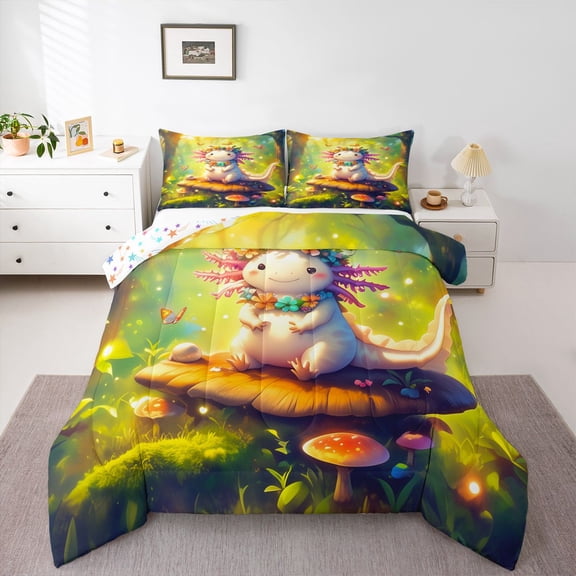 Castle Fairy Preppy Cartoon Salamander Twin Comforter Sets,Animal Axolotl Bedding Set