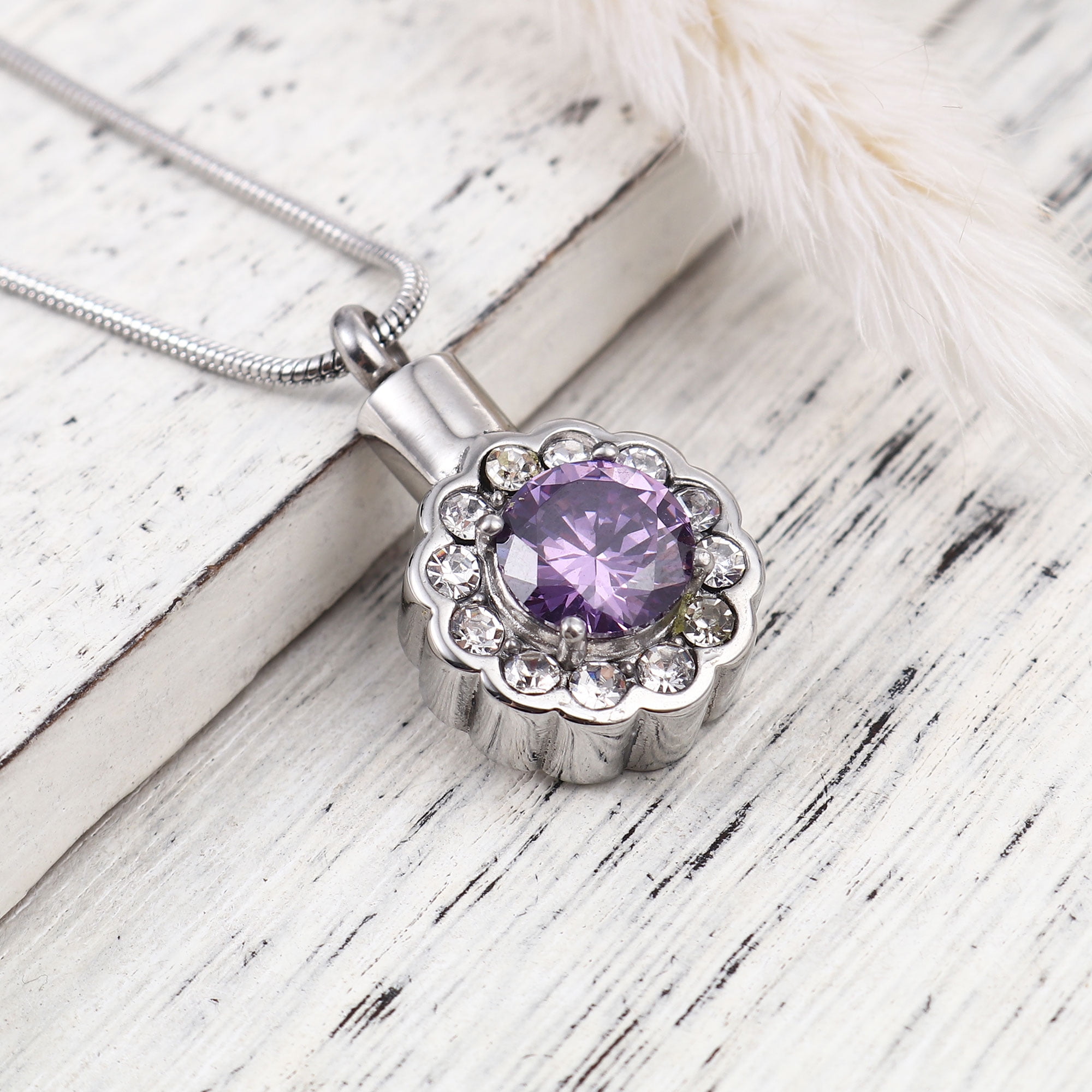 Round Purple Beautiful Crystal Rhinestone Flower Cremation Urn Necklace for Ashes Stainless Steel Memorial Pendant Keepsake Jewelry with Free Funnel Kit and Velvet Jewelry Box