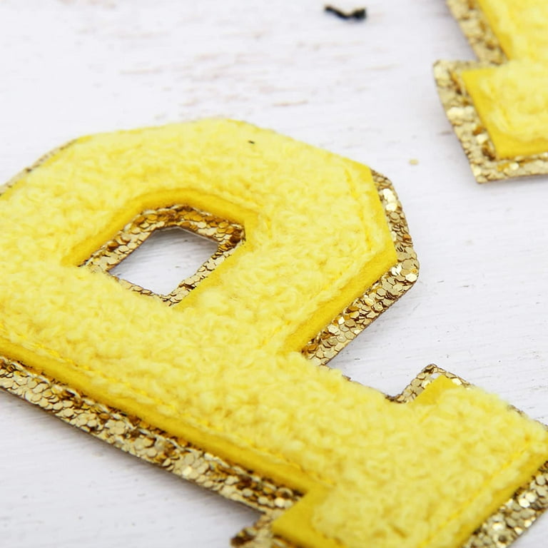 Yellow Chenille Iron On Gold Glitter Letter Patches