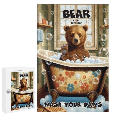 Bear Wash Your Paws Rustic Wood Wall Sign Hanging Wood Sign Funny Bathroom Decor Retro Vintage Home Decor 1000 Piece Puzzles for Adults 20 x30