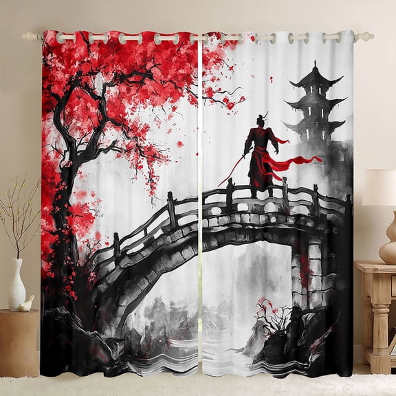 Manfei Ink Samurai Black Out Curtains for Boys Men, Bridge Temple Curtains Pack of 2 (42x63 Each), Black Red White