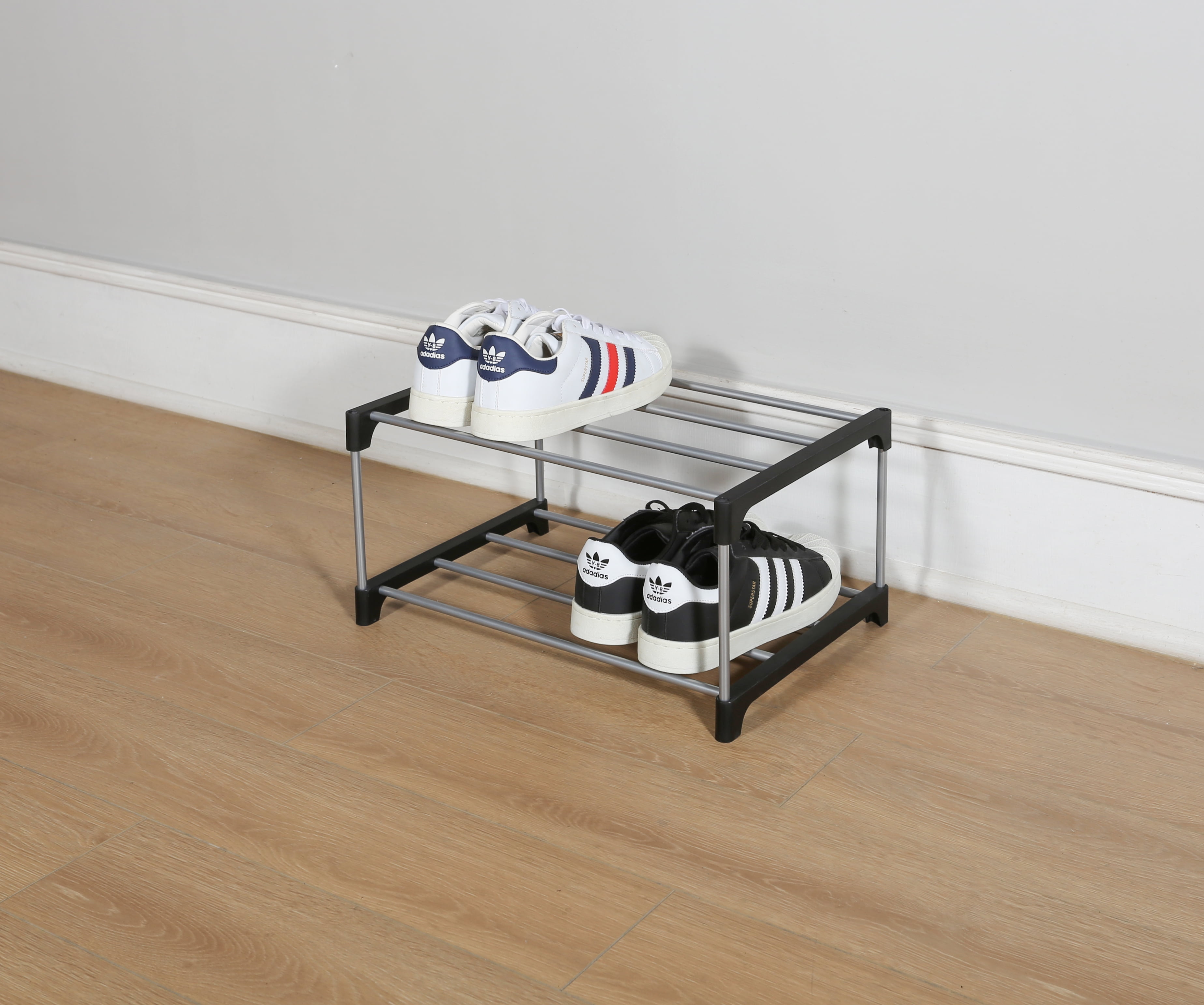 Mainstays 2-Tier Black and Silver Shoe Rack for Shoe Storage with Iron Poles & Plastic Connectors, Holds up to 4 Pairs