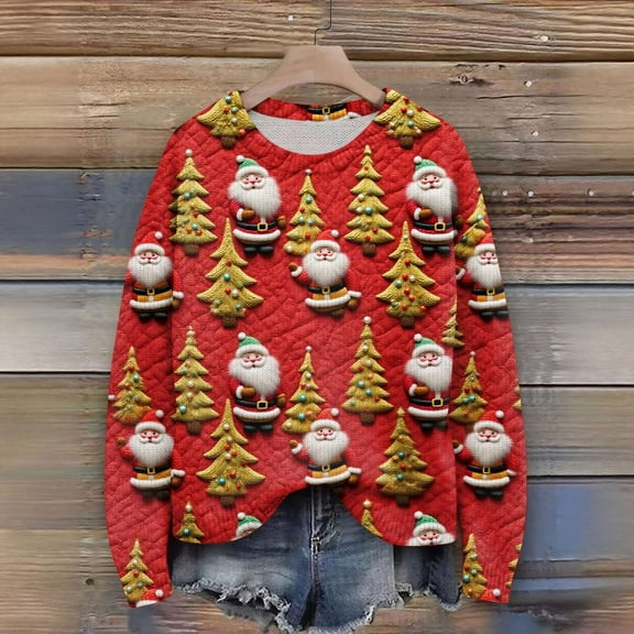 Resicozy Women Ugly Christmas Sweater Crew Neck Long Sleeve Funny Loose Plus Size Fashion Winter Knit Xmax Holiday Sweater Red L