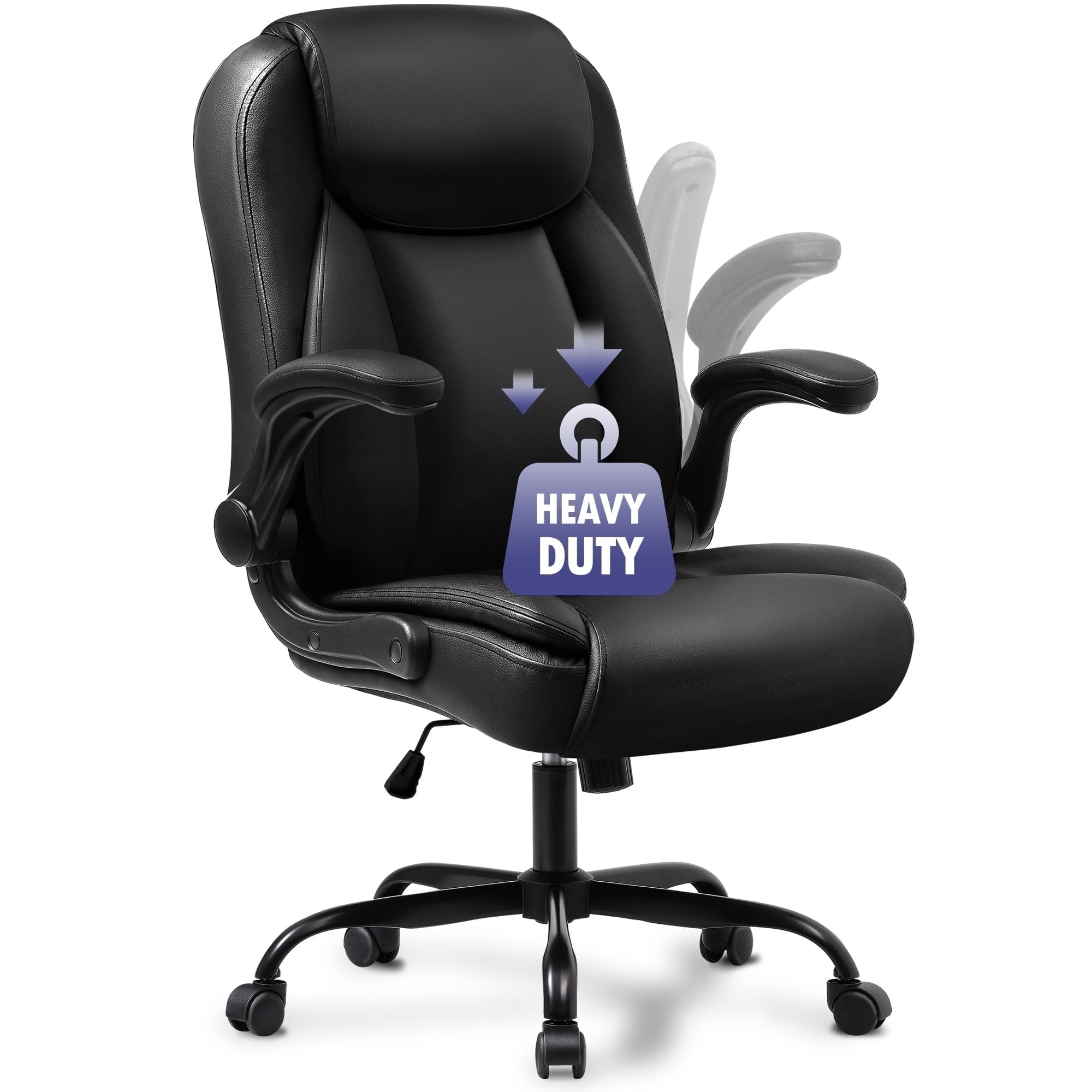 NEO CHAIR Executive Office Chair, Ergonomic High back Cushioned, Wide Leather Seat 8 Hours Heavy Duty Design, Flip Up Armrest Computer Desk Chair, Black