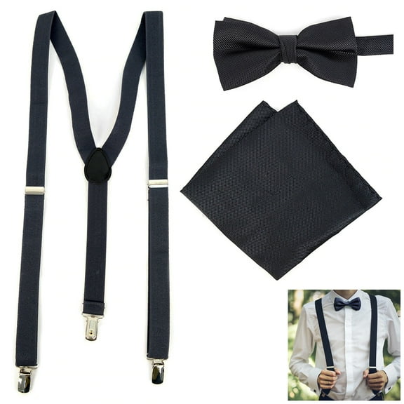 3PC Mens Suspenders Banded Bow Tie Set Adjustable Metal Clips Pocket Square