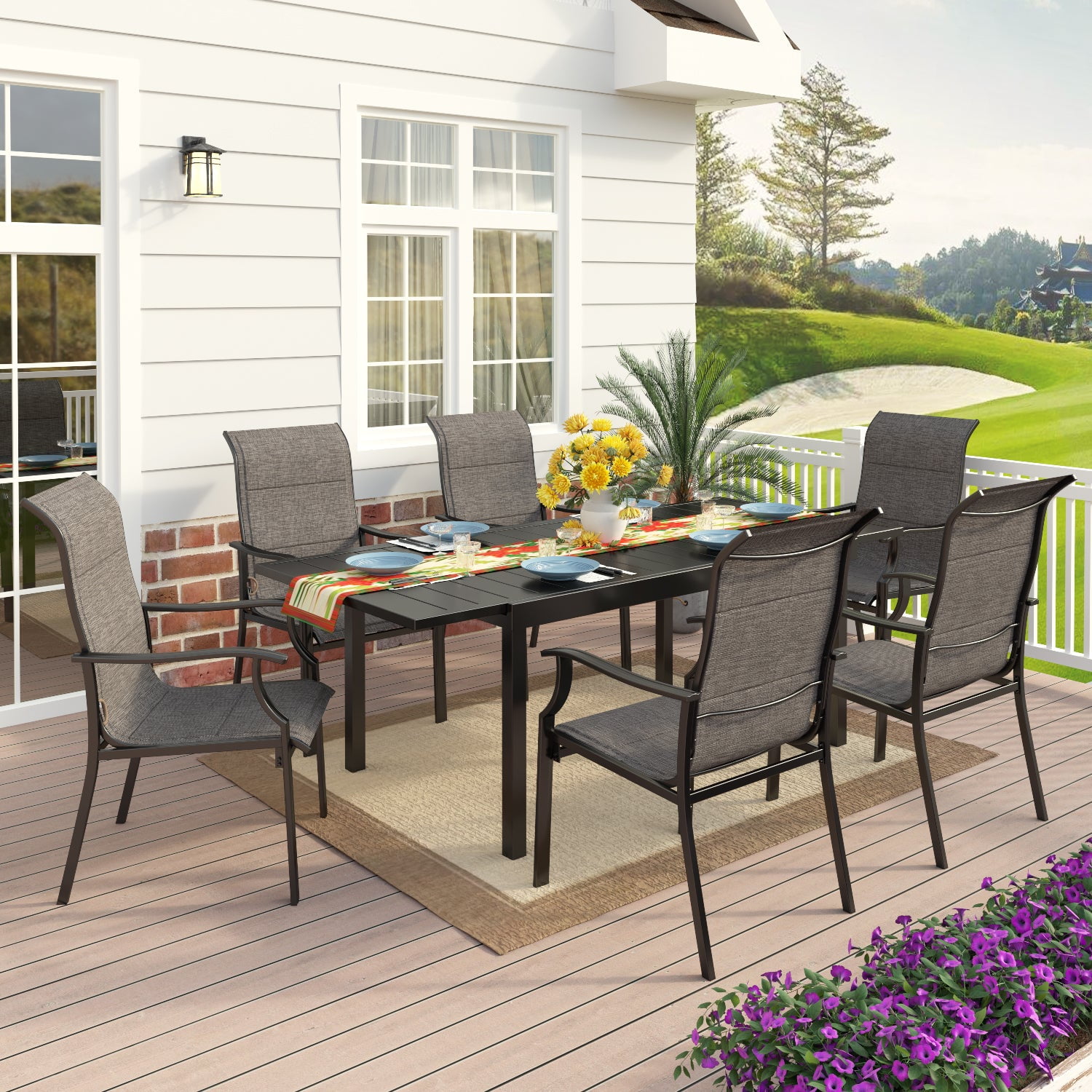 MF Studio 7 Pieces Outdoor Patio Dinning Set with 6 Pieces Padded Textilen Outdoor Dining Chairs for Patio, Deck, Porch