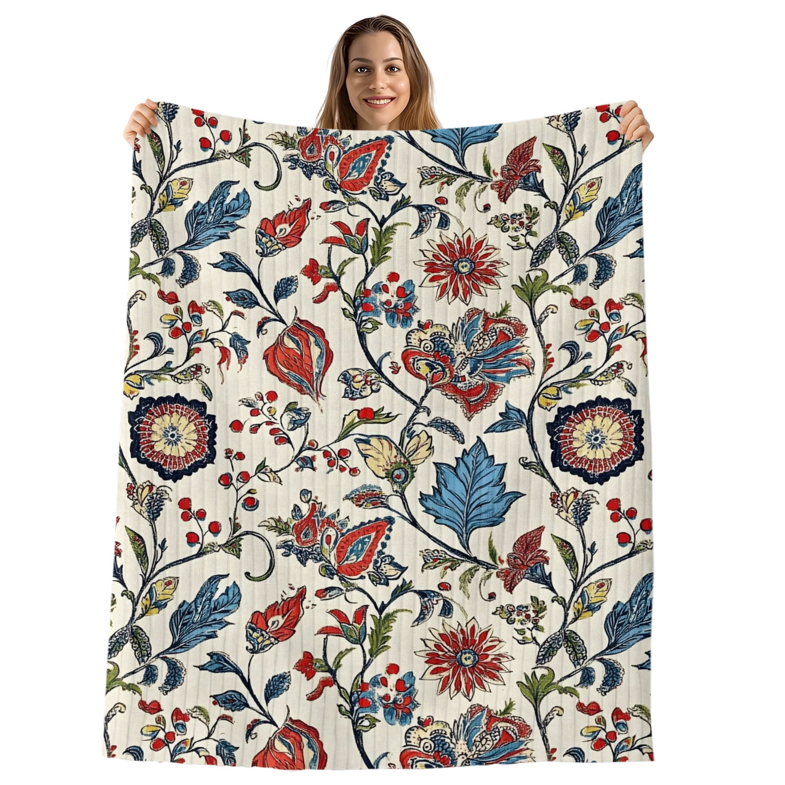 Boho Floral Throw Blanket, Flannel Fleece Blanket with Striped Design for Couch, Blue Red Flower Vintage Petals Branch Leaf Soft Breathable All Season Plush Blankets for Sofa Chair Travel 32"x48"