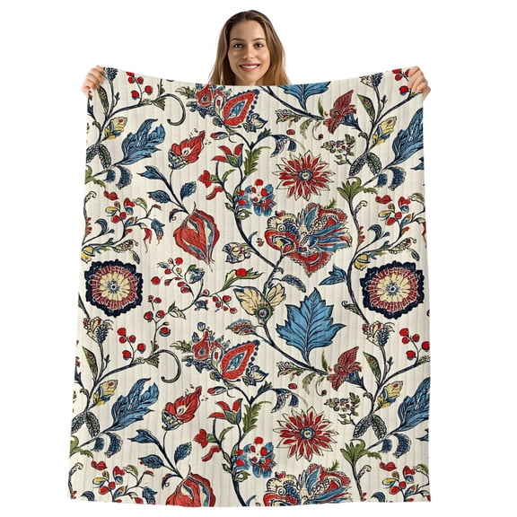 Boho Floral Throw Blanket, Flannel Fleece Blanket with Striped Design for Couch, Blue Red Flower Vintage Petals Branch Leaf Soft Breathable All Season Plush Blankets for Sofa Chair Travel 32"x48"