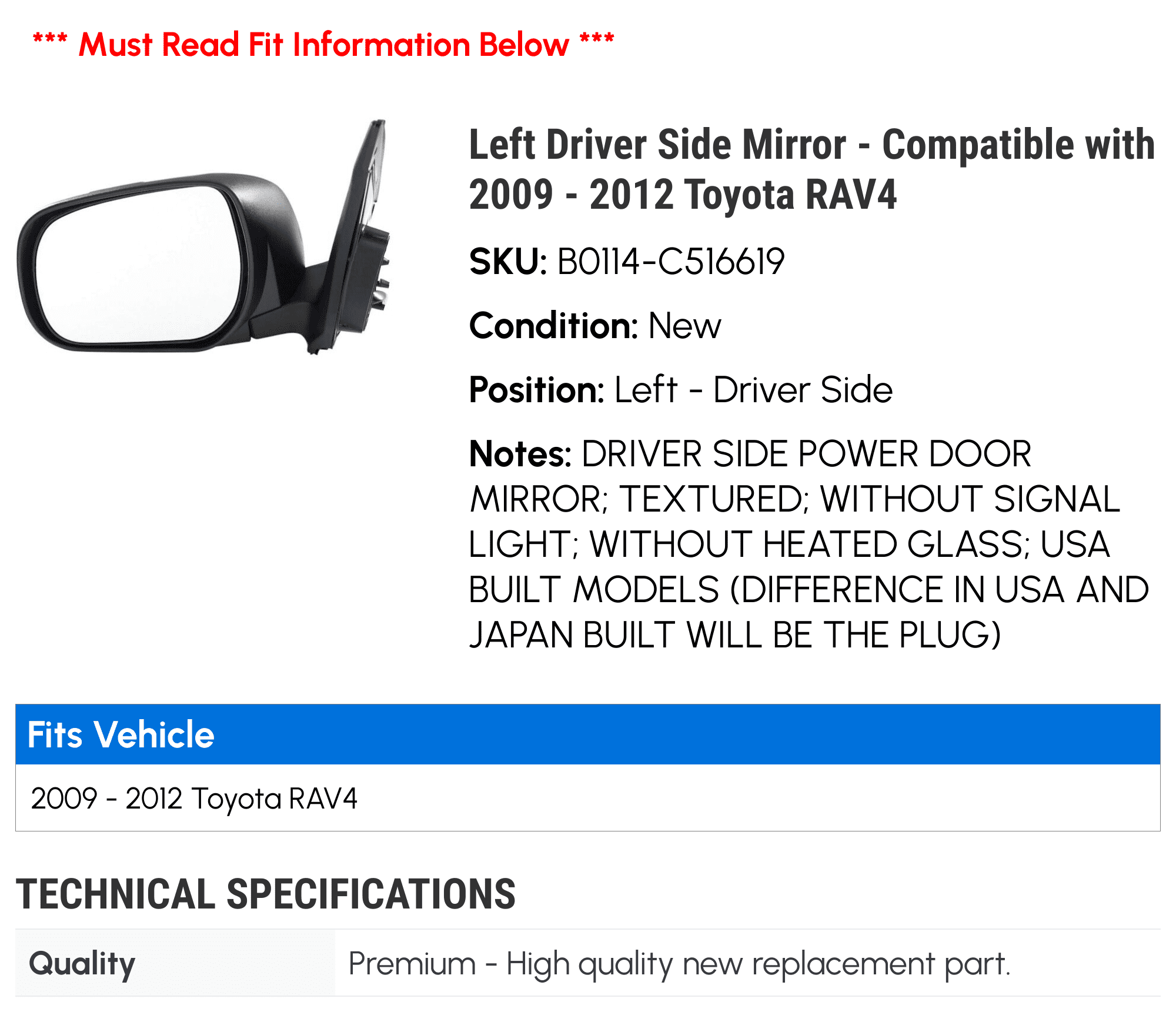 Left Driver Side Mirror - Compatible with 2009 - 2012 Toyota RAV4 2010 2011