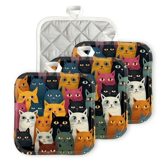 BaHomeck Heat Resistant Hot Pads 4 pack Group Of Cats All Different Colors Square Pot Holder for Kitchen Cooking oven And BBQ grill with Hanging Loop Potholder machine washable