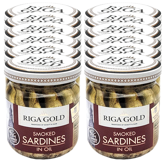 Riga Gold Smoked Sardines in Oil, 100g/0.22lb Jar (12 Pack)