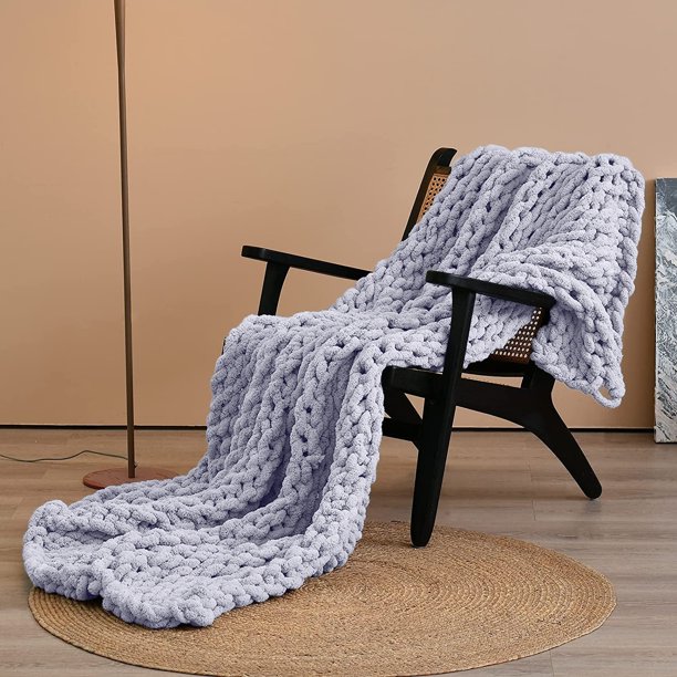 Comtest Chunky Knit Throw Blanket Soft Warm Chenille Blanket, Light Gray, 40" x 40"(Single Sofa
