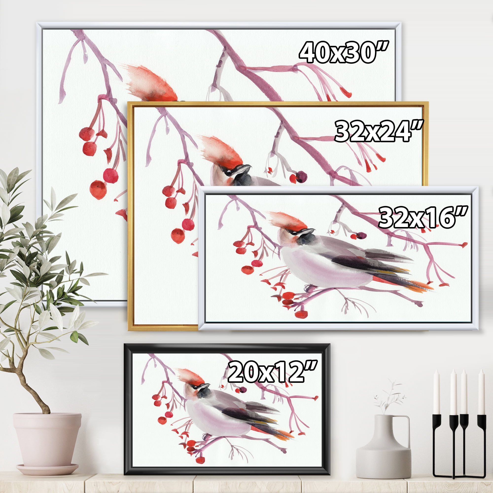 Waxwing Bird Sitting On A Branch 32 in x 16 in Framed Painting Canvas Art Print, by Designart