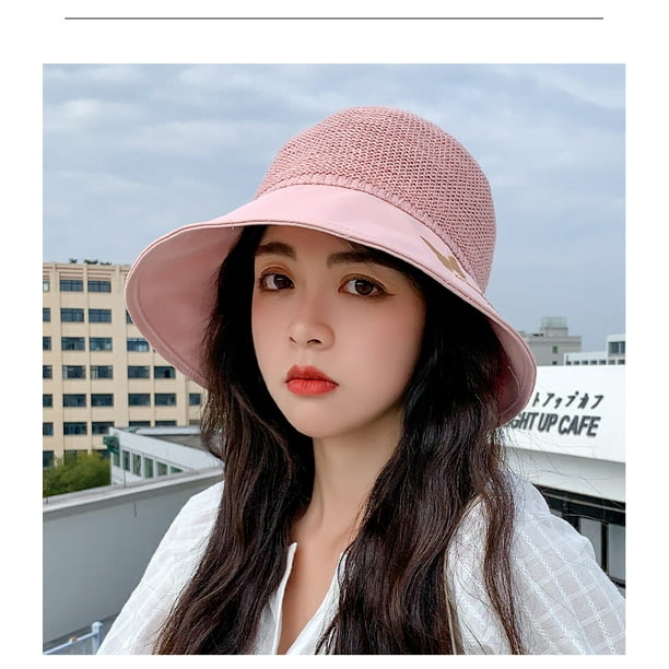 Women Wide Brim Hat Hollow Breathable Summer Bucket Hat Bow Lady’s Sun Cap  for Travel(Pink)