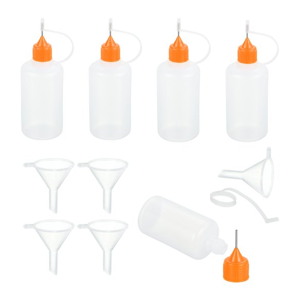Uxcell 5Pcs Botella de Exprimir con Punta de Aguja, Botellas Aplicadoras de Pegamento de 50ml/1.69oz para Manualidades en Papel, Pintura, Aceite, Tinta (Naranja, con 5 Embudos)