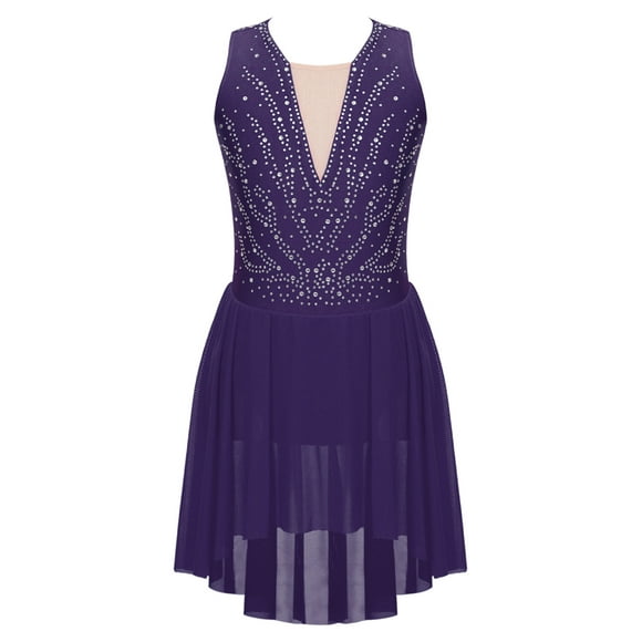 vastwit Girls' Rhinestones Ice Figure Skating Dress Sleeveless Gymnastics Asymmetrical Competition Dancewear Purple 8