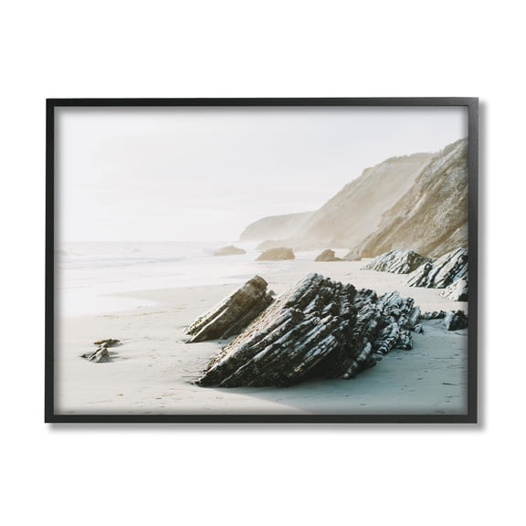 Stupell Industries Rocky Beach Cliff Sandy Shoreline Coastal Photography Black Framed Art Print Wall Art