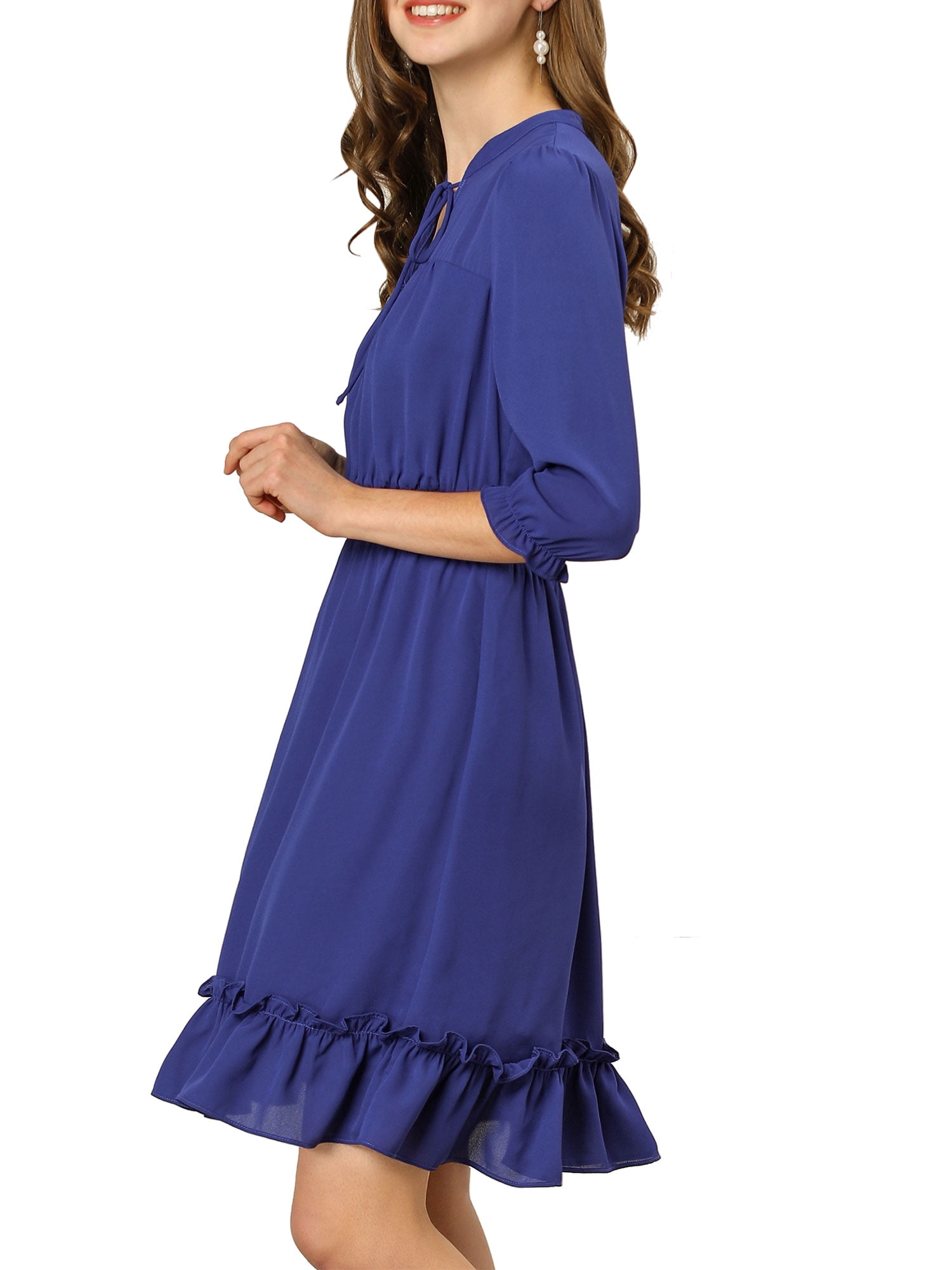 DARING DIVA Tie V Neck Chiffon 3/4 Sleeve Smocked Mini A-Line Dress M Royal Blue
