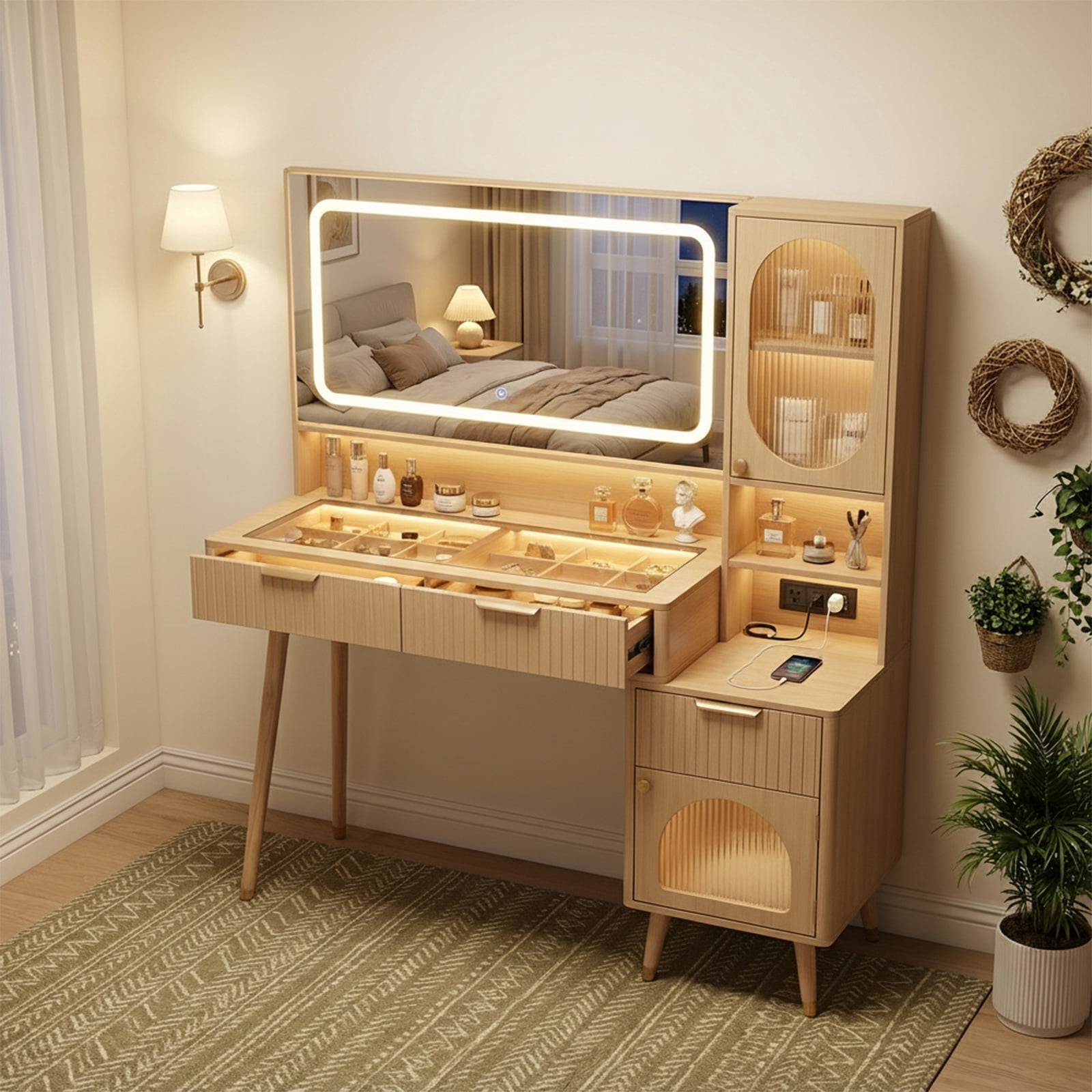 48" Fluted Vanity Desk with Lighted Mirror & Charging Station, Natural Oak Makeup Table with 5 Drawers, Motion Sensor Lights, Glass Top & Hair Dryer Holder for Bedroom
