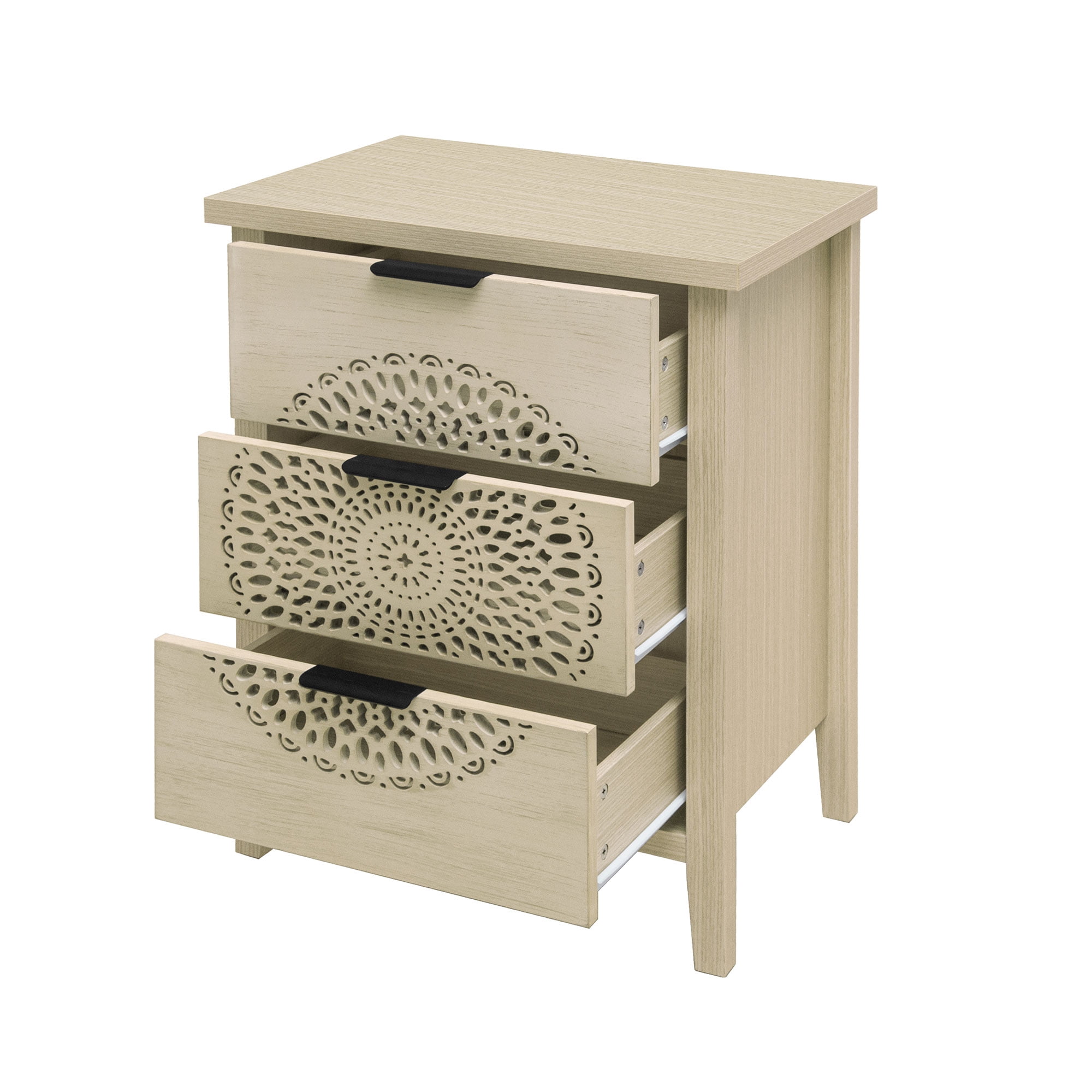 Gewnee Hollow-Carved 3-Drawer Storage Dresser Chest with Metal Handles, Modern Accent Furniture for Living Room & Bedroom