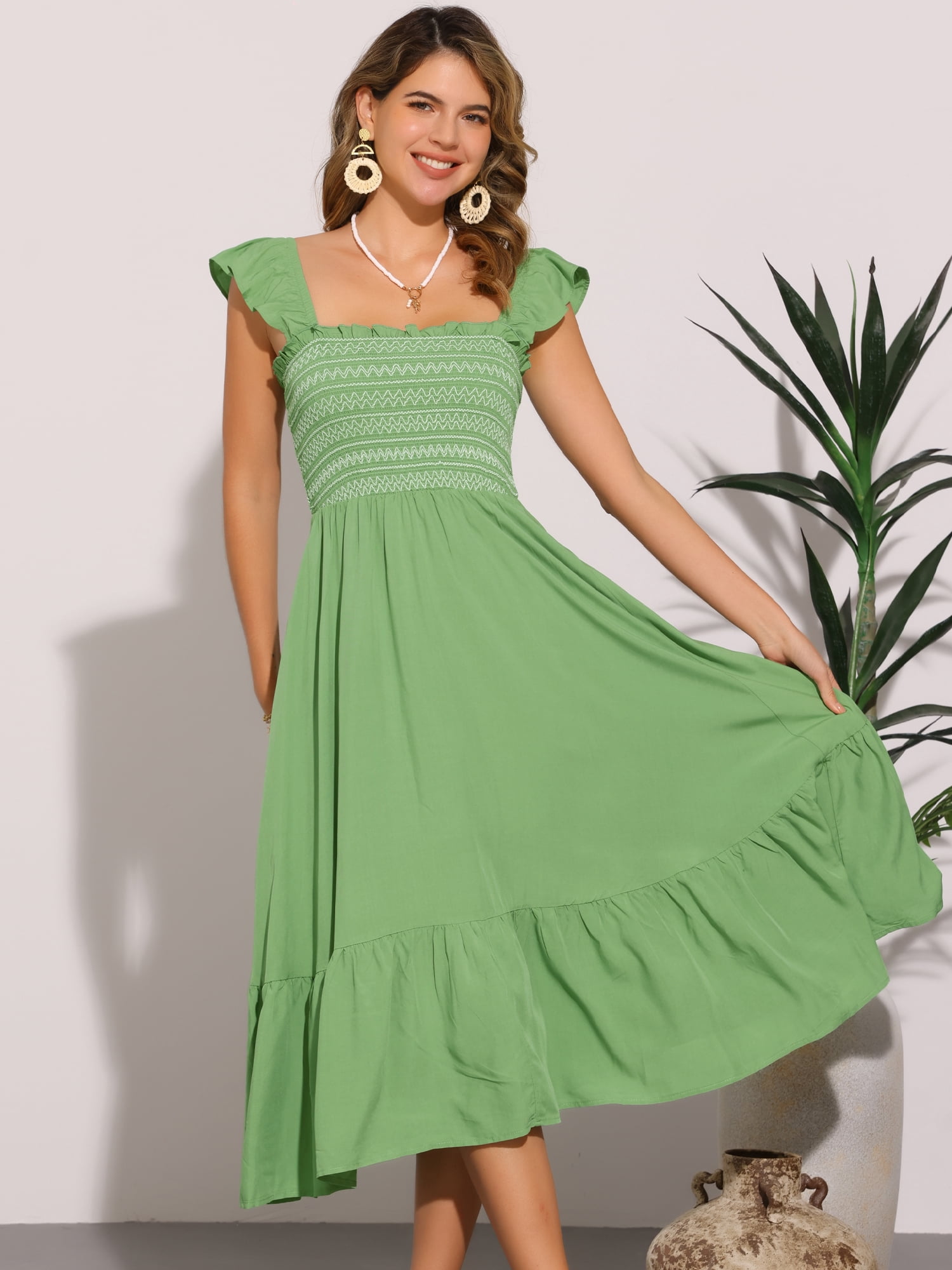 DARING DIVA Square Neck Boho Sleeveless Ruffle Tiered Smocked Sundress L Dark Green