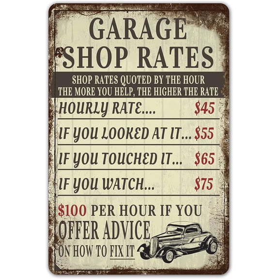 Vintage Garage Shop Rates Metal Sign Man Cave Decor Gift Mechanic Pops Accessories Bar Tin Signs Workshop Dads Wall Funny 8 x 12 Inch
