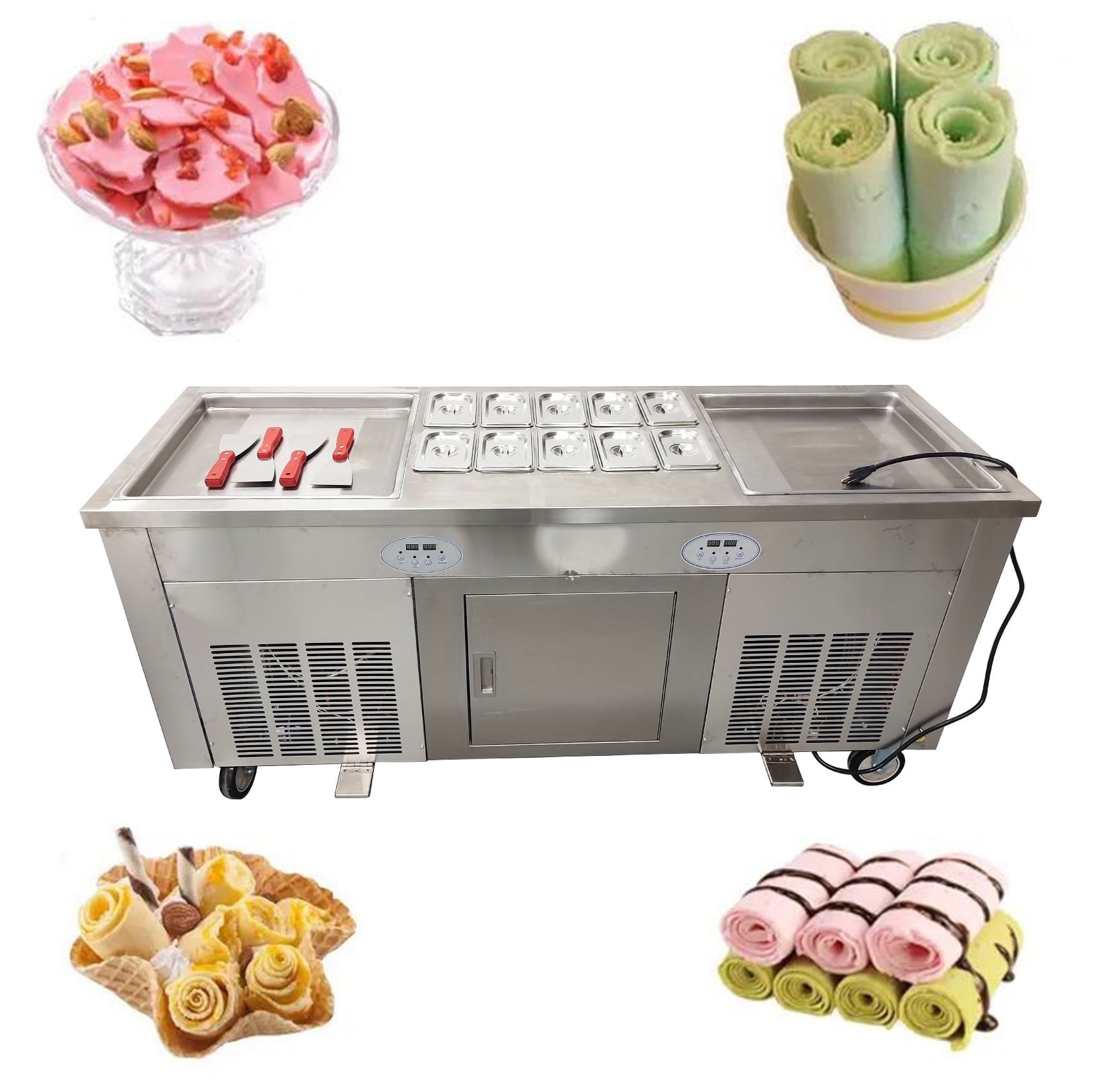 Ice Frying Machine Fried Ice Cream Maker Ice Cream Roll Machine Frozen Fresh Fruit Yogurt Fryer Double Pans