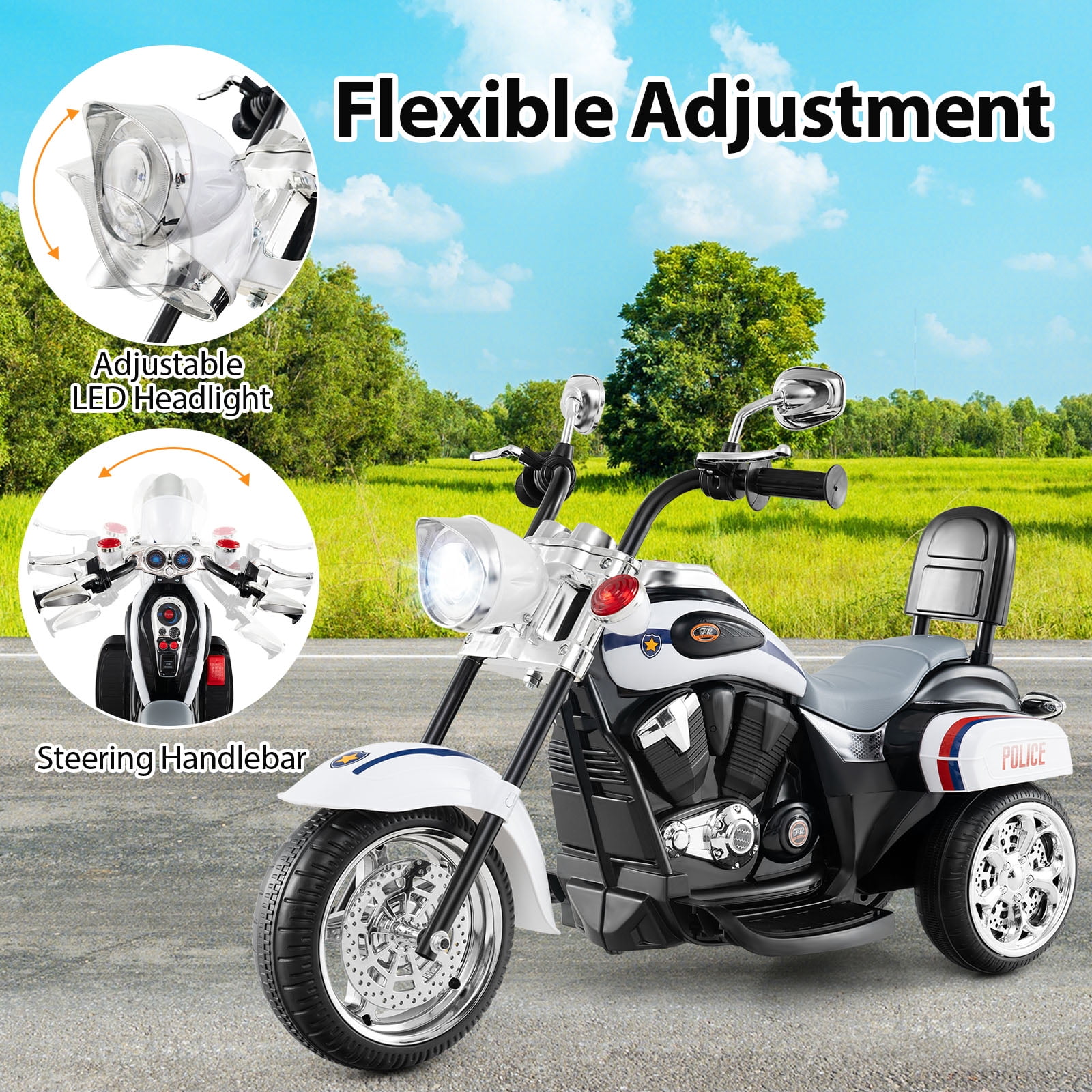 Gymax 6V Electric Kids Motorcycle 3-Wheel Ride On Toy w/ Adjustable Headlight White