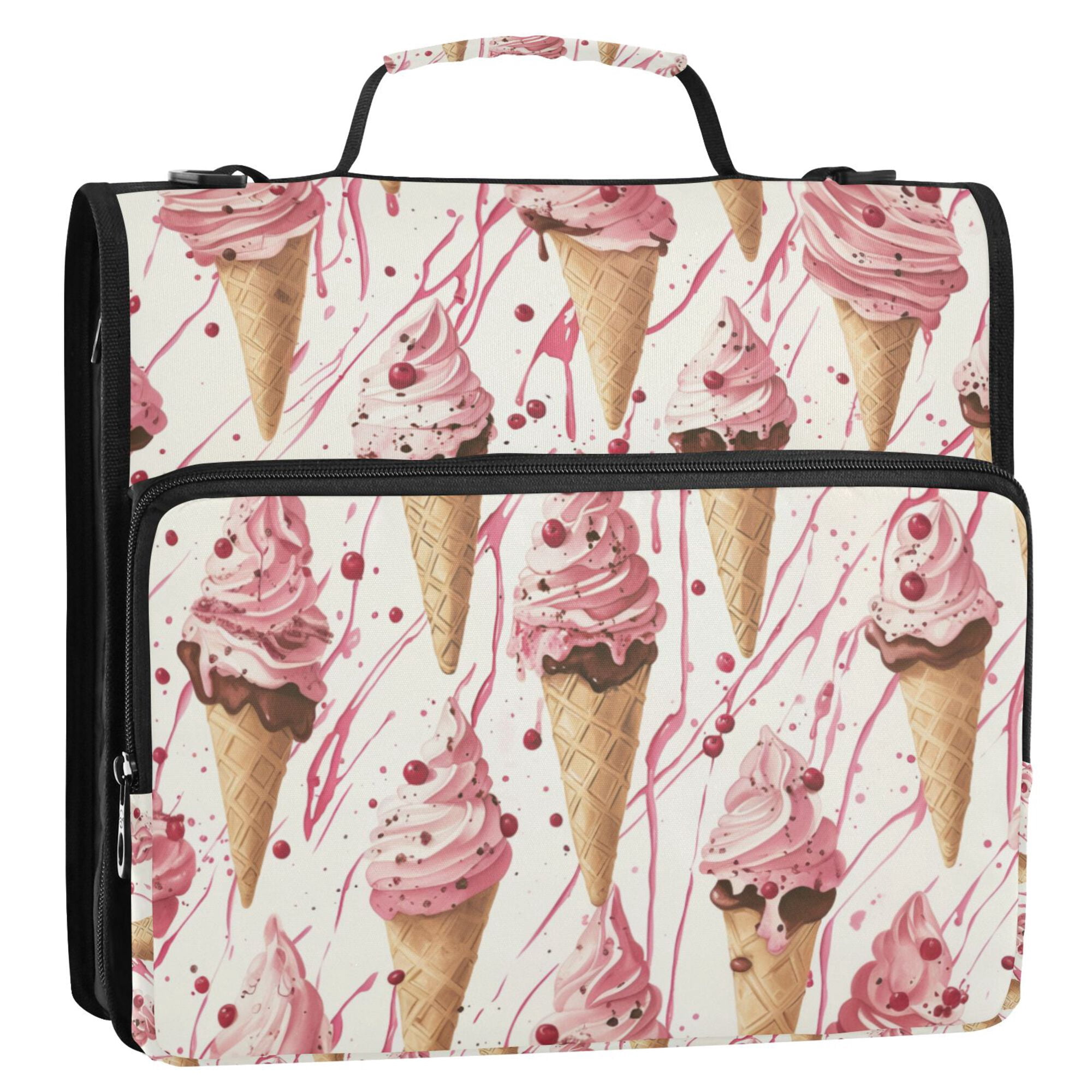 FORMRS Zipper Binder with Shoulder Strap 2-inch Ring 500 Sheet Capacity File Bag, Pink Ice Cream Pattern
