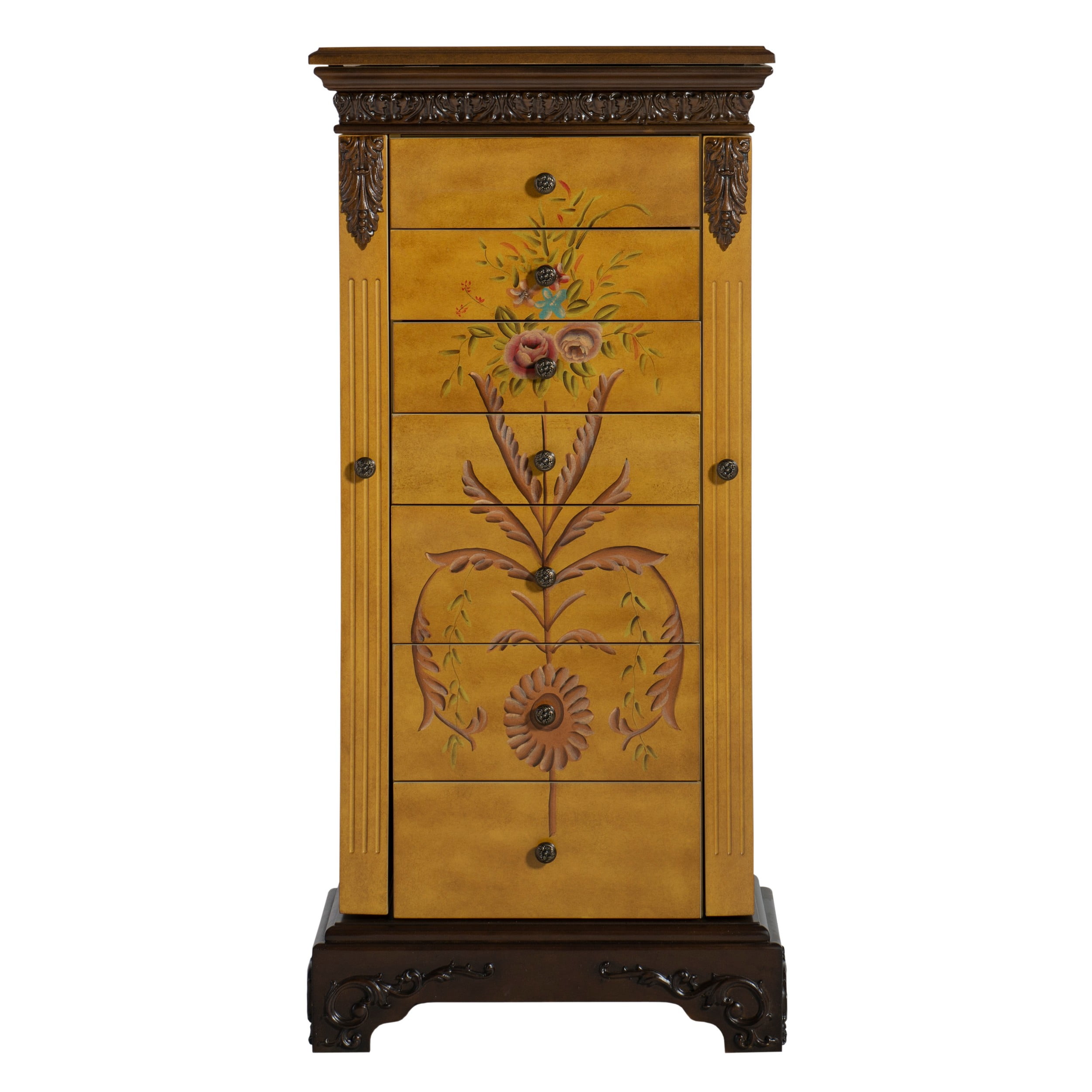 Saltoro Sherpi 7 Drawer Hand Painted Jewelry Armoire with Flip Top, Yellow and Brown