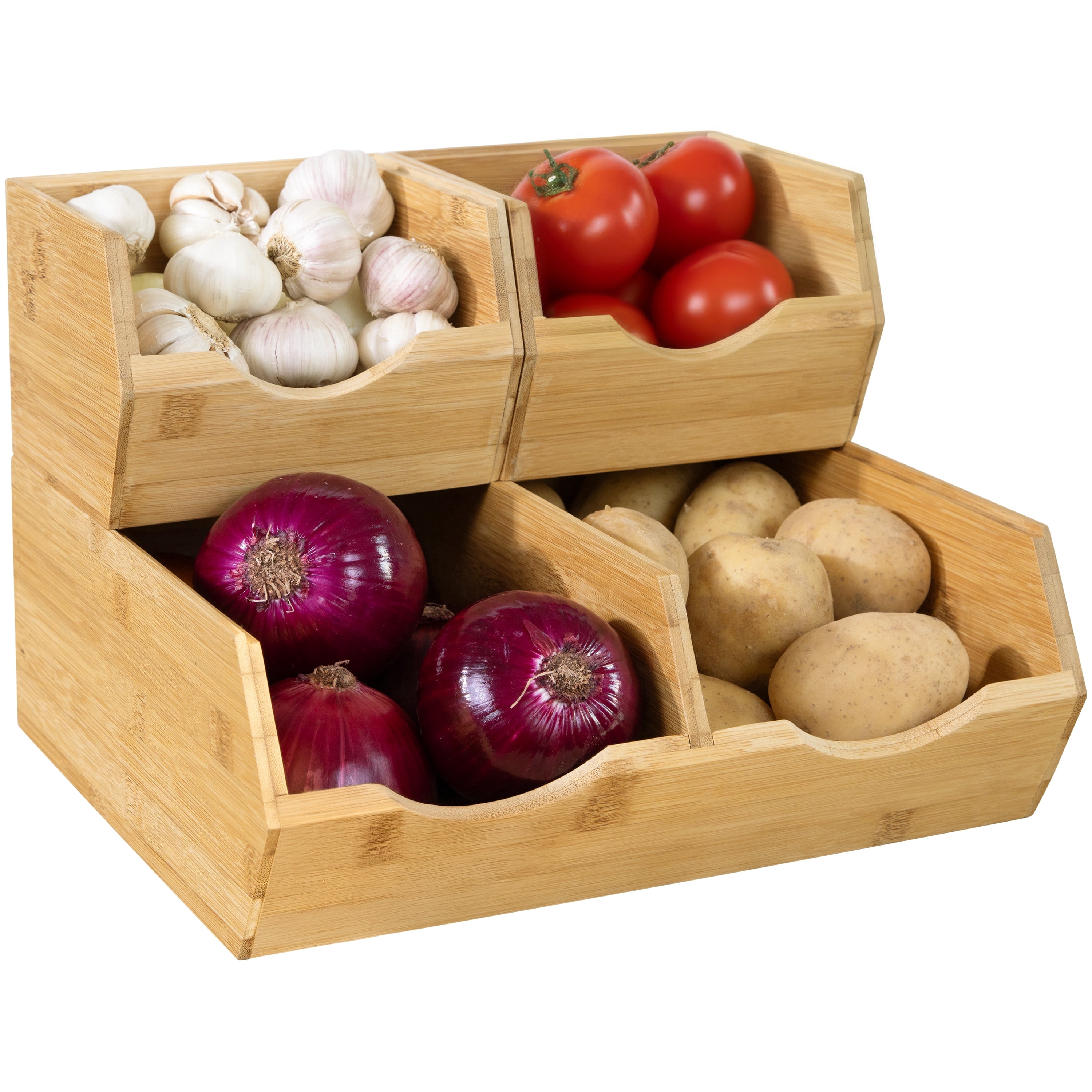 Homestead Bamboo Pantry Storage Bins, Set of 3 – Stackable Open Front Potato and Onion Storage Bins, Wooden Pantry Organizer Baskets for Kitchen, Fruit Vegetable Bin