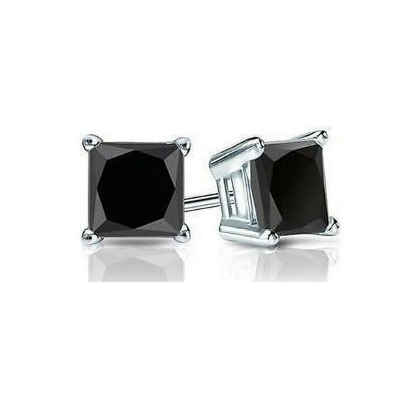 18k White Gold Created Black Sapphire 3ct Princess Cut Stud Earrings Plated by Paris Jewelry
